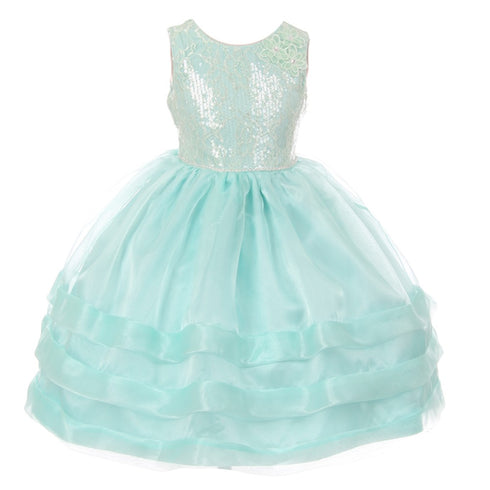 Rain Kids Big Girls Aqua Sequin Lace Organza Junior Bridesmaid Dress 8-12 - SophiasStyle.com