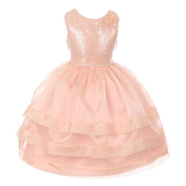 RainKids Little Girls Blush Sequin Lace Organza Overlaid Flower Girl Dress 2-6 - SophiasStyle.com
