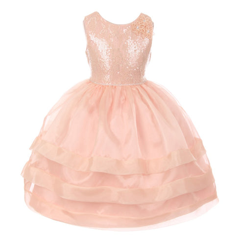 RainKids Big Girls Blush Sequin Lace Organza Junior Bridesmaid Dress 8-12 - SophiasStyle.com