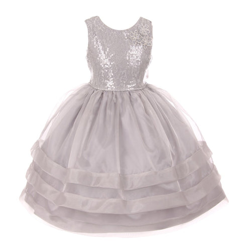 RainKids Big Girls Silver Sequin Lace Organza Junior Bridesmaid Dress 8-12 - SophiasStyle.com