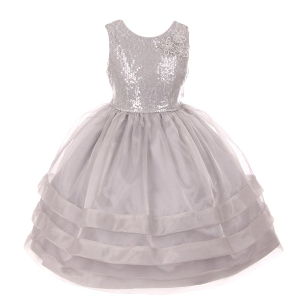 RainKids Big Girls Silver Sequin Lace Organza Junior Bridesmaid Dress 8-12 - SophiasStyle.com