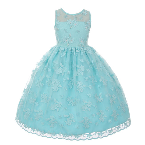 Rain Kids Little Girls Aqua Lace Pearl Adorned Flower Girl Easter Dress 2-6 - SophiasStyle.com