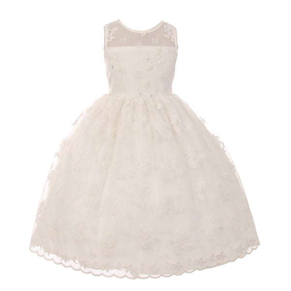 Rain Kids Little Girls Ivory Lace Pearl Adorned Flower Girl Easter Dress 2-6 - SophiasStyle.com
