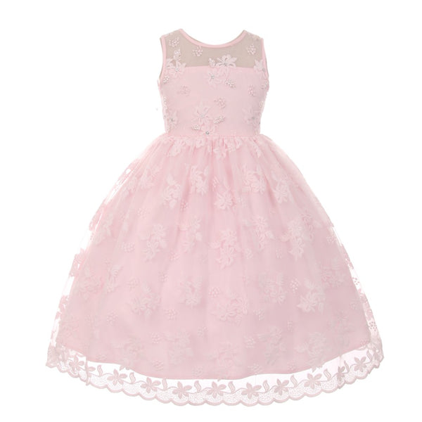 Rain Kids Little Girls Pink Lace Pearl Adorned Flower Girl Easter Dress 2-6 - SophiasStyle.com