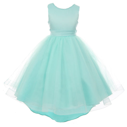 RainKids Little Girls Aqua Pearl Hi-Low Satin Tulle Flower Girl Dress 2-6 - SophiasStyle.com
