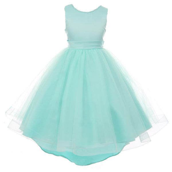RainKids Big Girls Aqua Pearl Hi-Low Satin Tulle Flower Girl Dress 8-12 - SophiasStyle.com
