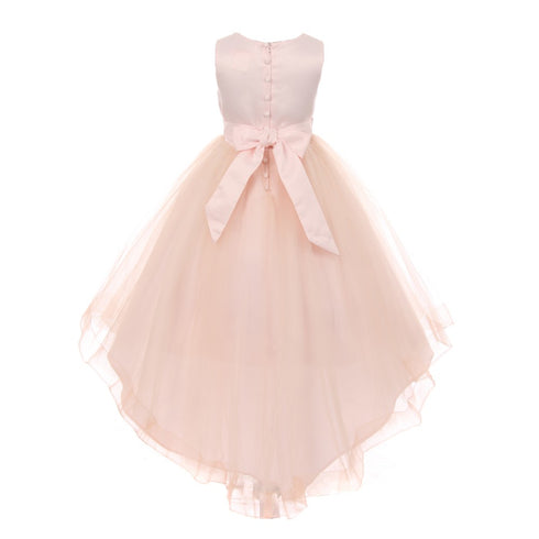 RainKids Big Girls Blush Pearl Hi-Low Satin Tulle Flower Girl Dress 8-12 - SophiasStyle.com