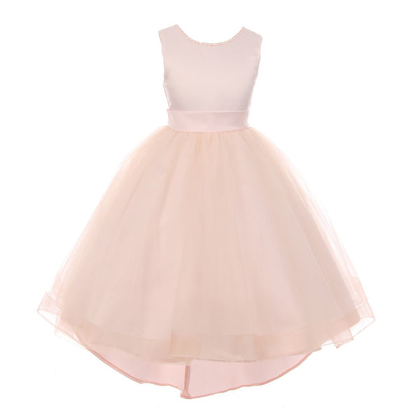 RainKids Little Girls Blush Pearl Hi-Low Satin Tulle Flower Girl Dress 2-6 - SophiasStyle.com