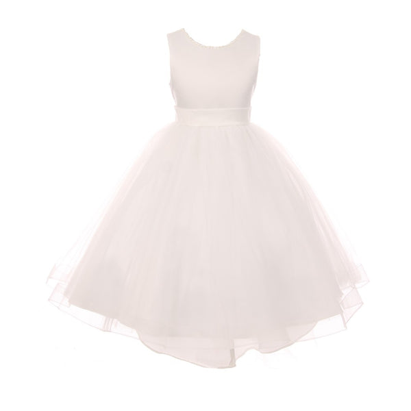 RainKids Little Girls Ivory Pearl Hi-Low Satin Tulle Flower Girl Dress 2-6 - SophiasStyle.com