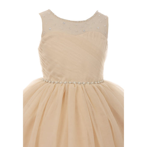 RainKids Little Girls Champagne Pearl Rhinestone Tulle Flower Girl Dress 2-6 - SophiasStyle.com