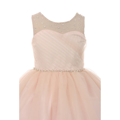RainKids Big Girls Blush Illusion Pearl Rhinestone Junior Bridesmaid Dress 8-12 - SophiasStyle.com