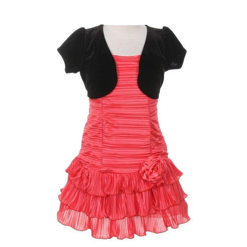 Little Girls Coral Black Pleated Tiered Velveteen Bolero 2 Pc Dress Outfit 2-6 - SophiasStyle.com