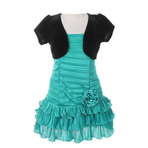 Little Girls Jade Black Pleated Tiered Velveteen Bolero 2 Pc Dress Outfit 2-6 - SophiasStyle.com