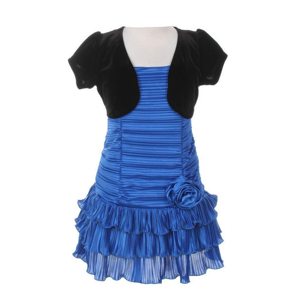Little Girls Azure Black Pleated Tiered Velveteen Bolero 2 Pc Dress Outfit 2-6 - SophiasStyle.com