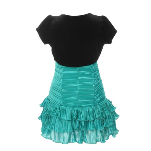Little Girls Jade Black Pleated Tiered Velveteen Bolero 2 Pc Dress Outfit 2-6 - SophiasStyle.com