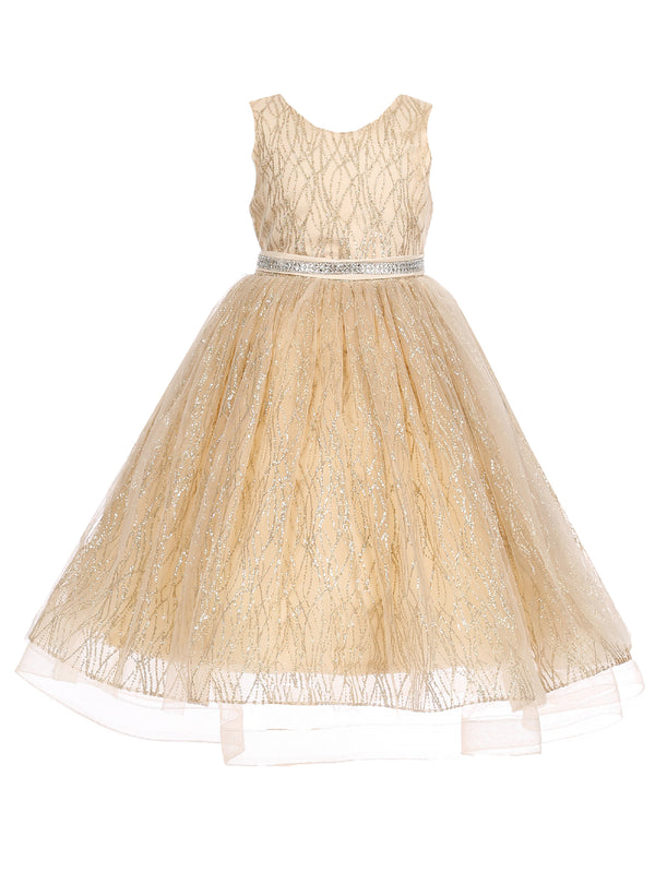 Big Girls Champagne Gold Glitter Tulle Sleeveless Junior Bridesmaid Dress 8-14 - SophiasStyle.com