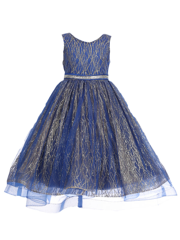 Little Girls Royal Blue Gold Glitter Tulle Sleeveless Flower Girl Dress 3-6 - SophiasStyle.com