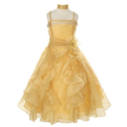 Cinderella Couture Little Girls Gold Crystal Organza Cascade Ruffle Dress 2-6 - SophiasStyle.com