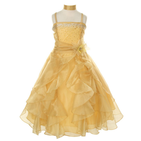 Cinderella Couture Big Girls Gold Crystal Organza Cascade Ruffle Dress 8-14 - SophiasStyle.com