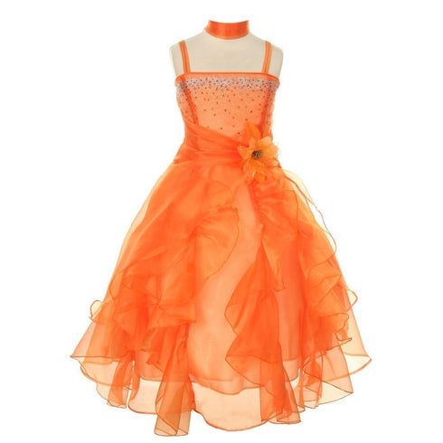 Cinderella Couture Little Girls Orange Crystal Organza Cascade Ruffle Dress 2-6 - SophiasStyle.com