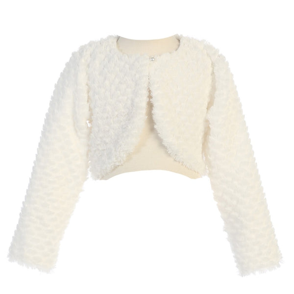 Big Girls Ivory Long Sleeve Single Button Faux Fur Bolero 7-10 - SophiasStyle.com