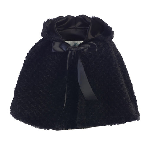 Big Girls Black Ribbon Accent Hooded Swirl Texture Faux Fur Cape 8-10 - SophiasStyle.com