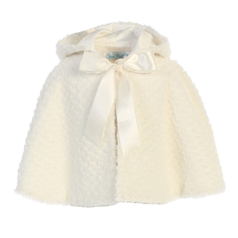 Little Girls Ivory Ribbon Accent Hooded Swirl Texture Faux Fur Cape 2T-6 - SophiasStyle.com