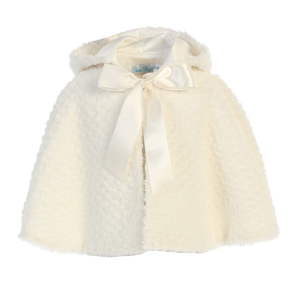 Little Girls Ivory Ribbon Accent Hooded Swirl Texture Faux Fur Cape 2T-6 - SophiasStyle.com
