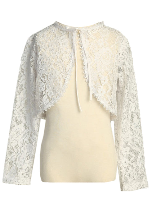 Lito Girls White Ribbon Tie Lace Long Sleeve Elegant Bolero 12 Months-12 - SophiasStyle.com