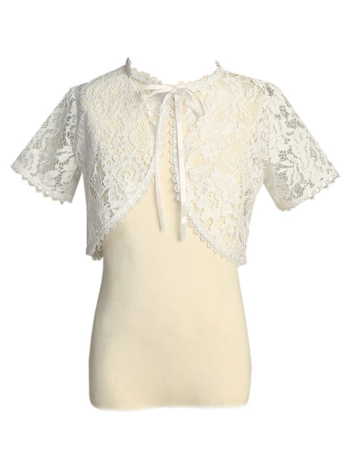 Lito Girls White Ribbon Tie Lace Short Sleeve Elegant Bolero 12 Months-12 - SophiasStyle.com