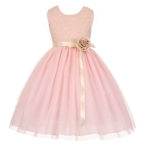 Big Girls Pink Lace Satin Sash Corsage Tulle Junior Bridesmaid Dress 8-14 - SophiasStyle.com