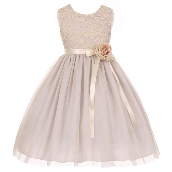Little Girls Silver Lace Satin Sash Corsage Tulle Flower Girl Dress 2-6 - SophiasStyle.com
