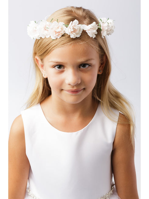 Girls White Flower Embellished Ribbon Back Special Occasion Hair Wreath Crown - SophiasStyle.com