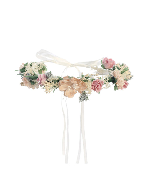 Girls Blush Tan Flower Adorned Ribbon Back Special Occasion Hair Wreath Crown - SophiasStyle.com