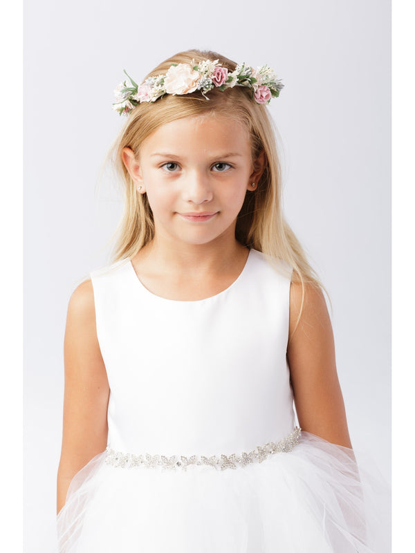 Girls Blush Tan Flower Adorned Ribbon Back Special Occasion Hair Wreath Crown - SophiasStyle.com