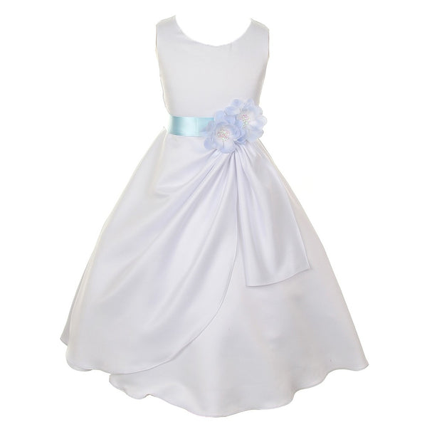 Big Girls White Blue Bridal Dull Satin Sequin Flowers Occasion Dress 8-14 - SophiasStyle.com