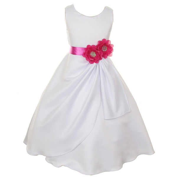 Big Girls White Magenta Bridal Dull Satin Sequin Flowers Occasion Dress 8-14 - SophiasStyle.com