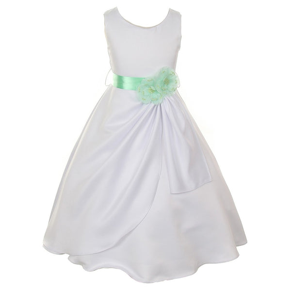 Little Girls White Mint Bridal Dull Satin Sequin Flowers Occasion Dress 2-6 - SophiasStyle.com