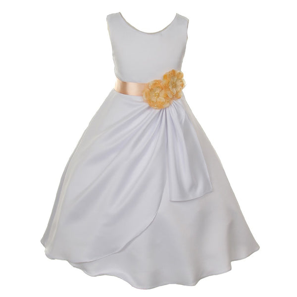 Little Girls White Peach Bridal Dull Satin Sequin Flowers Occasion Dress 2-6 - SophiasStyle.com