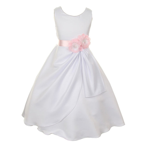 Big Girls White Pink Bridal Dull Satin Sequin Flowers Occasion Dress 8-14 - SophiasStyle.com