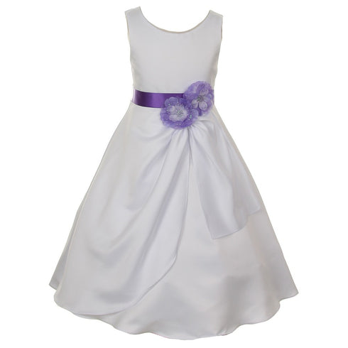 Big Girls White Purple Bridal Dull Satin Sequin Flowers Occasion Dress 8-14 - SophiasStyle.com