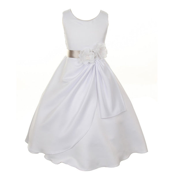Little Girls White Silver Bridal Dull Satin Sequin Flowers Occasion Dress 2-6 - SophiasStyle.com