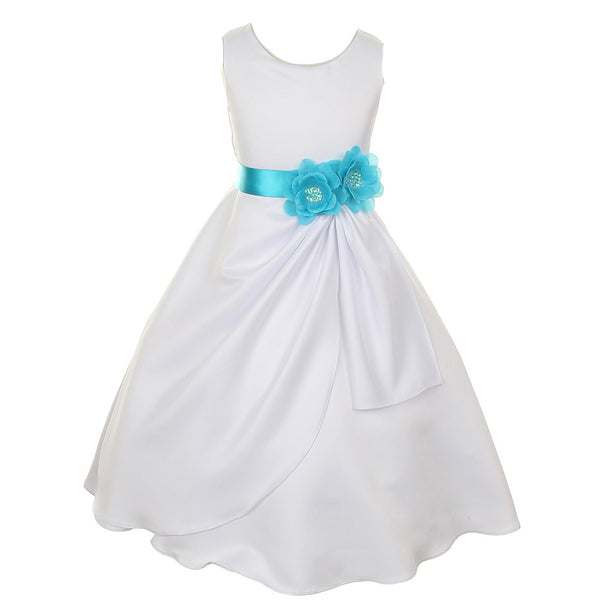 Big Girls White Turquoise Bridal Dull Satin Sequin Flowers Occasion Dress 8-14 - SophiasStyle.com