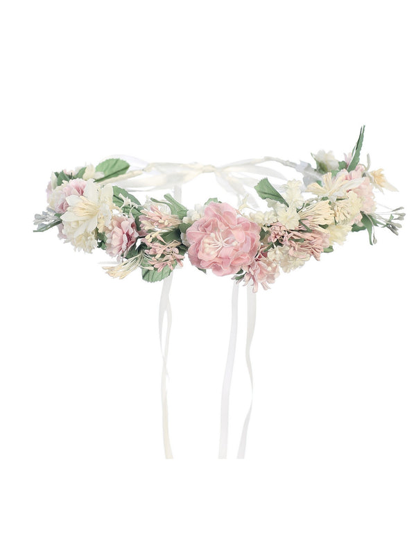 Girls Pink White Flower Adorned Ribbon Back Special Occasion Hair Wreath Crown - SophiasStyle.com