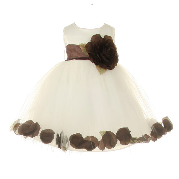 Baby Girls Ivory Brown Petal Adorned Satin Tulle Flower Girl Dress 6-24M - SophiasStyle.com