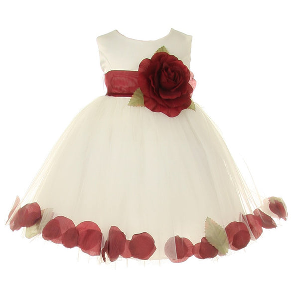 Baby Girls Ivory Burgundy Petal Adorned Satin Tulle Flower Girl Dress 6-24M - SophiasStyle.com