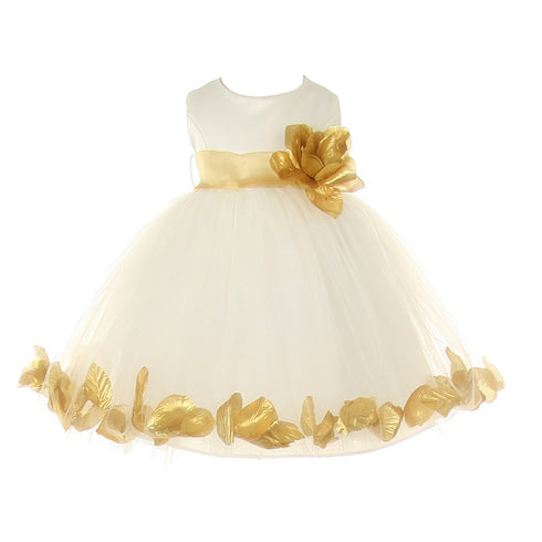 Baby Girls Ivory Gold Petal Adorned Satin Tulle Flower Girl Dress 6-24M - SophiasStyle.com