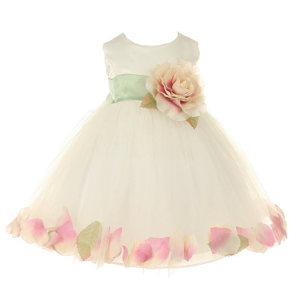 Baby Girls Ivory Peach Petal Adorned Satin Tulle Flower Girl Dress 6-24M - SophiasStyle.com