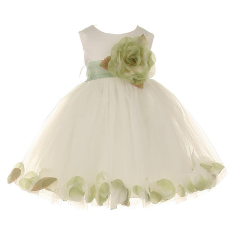 Baby Girls Ivory Sage Petal Adorned Satin Tulle Flower Girl Dress 6-24M - SophiasStyle.com