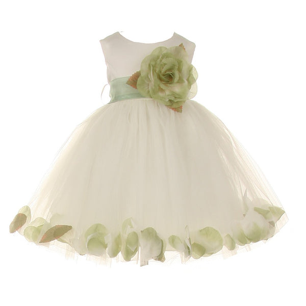 Baby Girls Ivory Sage Petal Adorned Satin Tulle Flower Girl Dress 6-24M - SophiasStyle.com